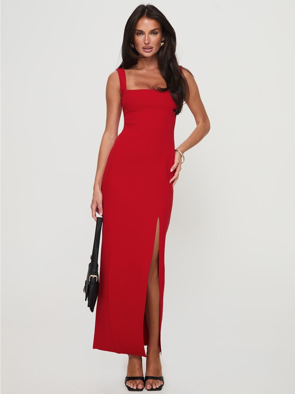Princess Polly Bombshell Maxi Dress with High Slit Red Size: 2